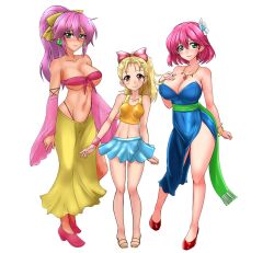 3girls bare_shoulders blonde_hair breasts cleavage closed_mouth dancer_(final_fantasy) dress earrings faris_scherwiz final_fantasy final_fantasy_v flower full_body hair_flower hair_ornament highres jewelry krile_mayer_baldesion_(ff5) large_breasts lenna_charlotte_tycoon long_hair looking_at_viewer midriff multiple_girls navel pochiiru_(uowou) short_hair simple_background skirt smile white_background