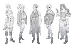 5girls belt breasts camisole chewing_gum cleavage closed_mouth clothes_around_waist clothing_cutout coat coat_on_shoulders dango dress_shirt erlenmeyer_flask flask food greyscale hair_between_eyes hayami_kanade holding holding_flask holding_food ichinose_shiki idolmaster idolmaster_cinderella_girls index_finger_raised jacket jacket_around_waist jacket_on_shoulders jougasaki_mika lipps_(idolmaster) long_hair looking_at_viewer medium_breasts medium_hair midriff miyamoto_frederica monochrome multiple_girls navel necktie open_clothes open_coat open_jacket open_mouth pants shiomi_syuko shirt shoes short_hair shorts shoulder_cutout side_ponytail sidelocks simple_background single_off_shoulder sleeves_past_wrists standing strap_slip wagashi white_background yannn