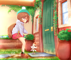 Rule 34 | 1girl, 22m, backpack, bag, beret, between legs, blue flower, breath, brown eyes, brown footwear, brown hair, buck teeth, cardigan, crying, day, door, dress, female focus, flower, from side, full body, gen 8 pokemon, gloria (pokemon), grass, green headwear, green legwear, grey cardigan, hand between legs, hat, have to pee, highres, house, long sleeves, looking at another, looking up, matching hair/eyes, nintendo, open mouth, outdoors, peeing, peeing self, pink dress, plaid clothes, plaid legwear, pokemon, pokemon (creature), pokemon swsh, puddle, red flower, scorbunny, shoes, short hair, sideways mouth, socks, solo focus, standing, steam, tears, teeth, wet, wet clothes, window