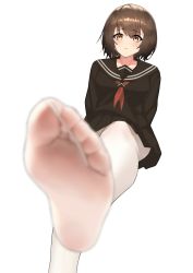 1girl absurdres black_sailor_collar black_shirt black_skirt blurry blurry_foreground brown_eyes brown_hair collarbone commentary_request depth_of_field feet foot_focus from_below highres hyouuma long_sleeves looking_at_viewer neckerchief no_shoes original pantyhose sailor_collar school_uniform shirt simple_background skirt soles solo toes white_background white_pantyhose