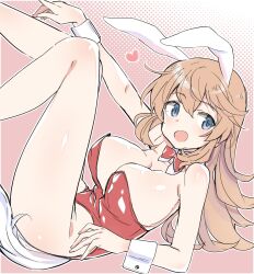 Rule 34 | 1girl, animal ears, aohashi ame, blue eyes, bow, bowtie, breasts, charlotte e. yeager, detached collar, happy, heart, highres, large breasts, leggings, leotard, long hair, looking at viewer, open mouth, orange hair, playboy bunny, rabbit ears, rabbit girl, rabbit tail, red bow, red bowtie, red leggings, solo, strike witches, tail, world witches series, wrist cuffs