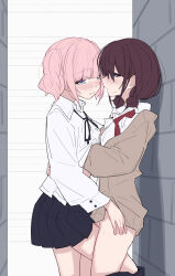 2girls black_ribbon blue_eyes blue_skirt blush brown-framed_eyewear brown_cardigan cardigan chinese_commentary collared_shirt commentary_request frottage girls_band_cry hair_between_eyes hand_under_clothes highres hina_(girls_band_cry) iseri_nina low_twintails multiple_girls neck_ribbon open_mouth pink_hair pleated_skirt ribbon shirt short_hair short_twintails skirt twintails white_shirt yun_cao_bing yuri