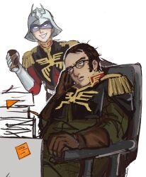2boys black_eyes black_hair can char_aznable dren_(gundam) drink_can epaulettes eye_mask gloves green_jacket gundam gundam_gquuuuuux hamadajjrw helmet high_collar highres holding holding_can jacket male_focus military_jacket military_uniform mobile_suit_gundam multiple_boys open_mouth simple_background smile white_background