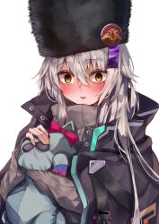 1girl blush charlotta_skopovskaya fur_hat grey_hair hat heaven_burns_red highres holding ksrg_nhr076 long_hair solo stuffed_animal stuffed_cat stuffed_toy sweater ushanka yellow_eyes