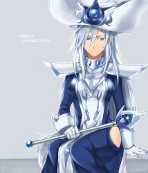 1girl artist_name bad_id bad_pixiv_id blue_dress blue_eyes character_name dress duel_monster gloves grey_hair hat highres hip_vent long_hair mzroas silent_magician sitting tabard white_gloves white_hat white_tabard wizard_hat yu-gi-oh!