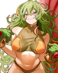 Rule 34 | 1girl, absurdres, bare arms, bare shoulders, bikini, blush, boku no hero academia, breasts, bright pupils, brown bikini, commentary, deku&#039;s photo of hagakure toru, gloves, green bikini, green eyes, green gloves, green hair, grin, hagakure toru, hands up, highres, large breasts, long hair, looking at viewer, messy hair, mismatched bikini, multicolored hair, navel, official alternate costume, pink streaks, pointing, pointing at self, revision, ringed eyes, smile, solo, spanish commentary, stomach, swimsuit, turtleneck bikini top, two-tone gloves, unusually visible, vlizz, white pupils