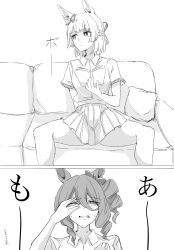 2girls artist_request blush character_request expressionless monochrome multiple_girls spread_legs tagme umamusume yuri