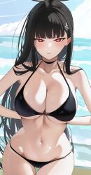 1girl absurdres alternate_costume arms_behind_back beach bikini black_bikini black_choker black_hair blue_archive blue_sky blush breasts bright_pupils choker halo halterneck highres katagiri_nanoka large_breasts long_hair looking_at_viewer navel ocean outdoors red_eyes rio_(blue_archive) simple_background sky solo stomach straight_hair string_bikini swimsuit thigh_gap very_long_hair white_pupils