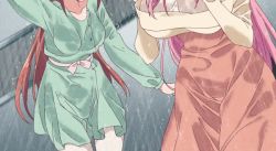 2girls ahoge animated animated_gif anime_screenshot arm_up bare_shoulders breasts brown_hair closed_eyes collarbone dress green_dress kouroya_sutea long_hair long_sleeves medium_breasts megami-ryou_no_ryoubo-kun multiple_girls open_mouth pink_hair saotome_atena shirt water wet wet_clothes white_shirt yellow_dress