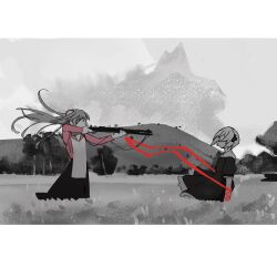 Rule 34 | 2girls, aiming, allyouneedisuwu, arm ribbon, braid, check spoilers, chinese commentary, commentary request, day, dress, faceless, faceless female, field, floating hair, from side, greyscale, gun, highres, holding, holding gun, holding weapon, kagari (rewrite), kanbe kotori, long hair, long sleeves, monochrome, mountainous horizon, multiple girls, outdoors, pink shirt, profile, red ribbon, rewrite, ribbon, shirt, short hair, short sleeves, shotgun, side braid, skirt, spoilers, spot color, standing, weapon, wide shot, wind