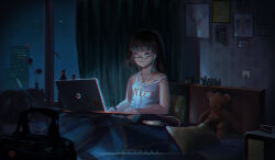 1girl absurdres apartment bag black_hair building cable city earphones glasses handbag highres impasto indoors keep_calm_and_carry_on medium_hair night original scenery screen_light skyscraper slice_of_life solo stuffed_animal stuffed_toy teddy_bear window youotaku