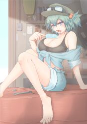 1girl barefoot black_tank_top blue_eyes blue_hair blue_shirt blue_shorts blush breasts cleavage commentary_request cube85 fang food full_body goggles goggles_on_head green_hat hair_bobbles hair_ornament hat highres holding holding_food holding_popsicle hot kawashiro_nitori large_breasts looking_at_viewer melting_popsicle open_mouth peaked_cap popsicle shirt short_hair shorts sitting solo sweat tank_top tied_shirt tools touhou two_side_up wrench