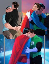 2boys absurdres ass bara black_bodysuit black_hair black_shirt blue_bodysuit blush bodysuit brown_hair brown_pants cape clark_kent closed_mouth couple dc_comics glasses gloves green_bodysuit green_lantern green_lantern_(series) grey_pants hal_jordan haljordanmylove highres hug large_pectorals looking_at_another male_focus multiple_boys muscular muscular_male pants pectorals red_cape shirt short_hair smile superman superman_(series) two-tone_bodysuit white_gloves white_shirt yaoi