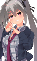 1girl black_jacket black_ribbon blush casual collared_shirt commentary dracu-riot! elena_olegovna_owen eyes_visible_through_hair grey_hair grin hair_between_eyes hair_ribbon hands_up highres index_finger_raised jacket long_hair looking_at_viewer minase_kaya necktie official_alternate_costume open_clothes open_jacket penetration_gesture plaid_clothes plaid_shirt red_eyes red_necktie ribbon shirt smile solo straight_hair twintails upper_body very_long_hair