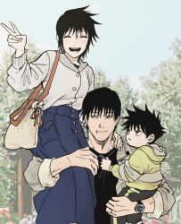 1girl 2boys :d ^_^ aged_down arm_around_neck arm_up baby bag black_shirt blue_skirt blush cardigan carrying carrying_baby carrying_person closed_eyes commentary ddub1618 father_and_son feet_out_of_frame fushiguro_megumi fushiguro_touji grey_cardigan grey_eyes handbag high-waist_skirt highres hood hoodie jacket jewelry jujutsu_kaisen light_smile long_skirt looking_to_the_side megumi&#039;s_mother_(jujutsu_kaisen) mother_and_son multiple_boys open_clothes open_jacket open_mouth outdoors parted_lips person_on_shoulder ring scar_on_lip shirt short_hair sitting_on_shoulder skirt sleeves_rolled_up smile spiked_hair striped_clothes striped_hoodie sweater_tucked_in symbol-only_commentary tree upper_body v watch wristwatch yellow_hoodie