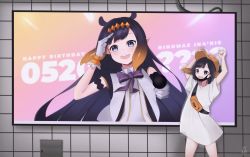 1girl ad baseball_cap blue_eyes blush character_name commentary dated english_commentary fanny_pack flat_chest gloves happy_birthday hat holding holding_microphone hololive hololive_english hololive_idol_uniform_(origin) idol_clothes long_hair microphone ninomae_ina&#039;nis official_alternate_costume purple_hair salute shirt solo taletoki tentacle_hair very_long_hair virtual_youtuber white_gloves white_shirt yellow_hat