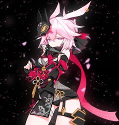 1girl absurdres alternate_eye_color animal_ears armor black_background breasts cleavage cleavage_cutout closed_mouth clothing_cutout earrings error1980 fox_ears fox_mask gauntlets hair_ornament highres holding holding_kunai holding_weapon honkai_(series) honkai_impact_3rd japanese_armor jewelry kunai looking_at_viewer mask medium_breasts ninja petals pink_eyes pink_hair red_scarf reverse_grip scarf solo weapon yae_kasumi yae_sakura