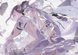 1girl absurdres bandaid bandaid_on_leg bracelet commentary_request emotions_2024 goshichi_shoji grey_shorts highres jacket jewelry knee_brace long_sleeves multiple_rings official_art ookawa_ina original overalls ring roller_skates see-through_clothes see-through_jacket shorts skates solo