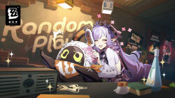 1girl black_bow black_bowtie bow bowtie closed_eyes drill_hair highres indoors long_hair long_sleeves mole mole_under_eye multicolored_hair official_art open_mouth pointy_ears purple_hair second-party_source smile solo sparkle streaked_hair vivian_(zenless_zone_zero) white_hair zenless_zone_zero