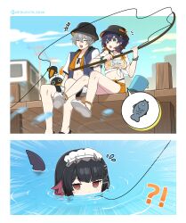 Rule 34 | !?, 1boy, 2girls, absurdres, bangboo (zenless zone zero), bare legs, bare shoulders, belle (summer skies) (zenless zone zero), belle (zenless zone zero), black hair, black hat, blue hair, blue sky, brother and sister, closed eyes, cloud, day, ellen joe, eous (zenless zone zero), fishing rod, grey hair, hat, highres, holding, holding fishing rod, jacket, multiple girls, navel, off-shoulder shirt, off shoulder, official alternate costume, ooyun, open clothes, open jacket, orange shorts, sandals, shirt, short hair, short shorts, short sleeves, shorts, siblings, sky, stomach, tied shirt, white sandals, white shirt, wise (peaceful waves) (zenless zone zero), wise (zenless zone zero), zenless zone zero
