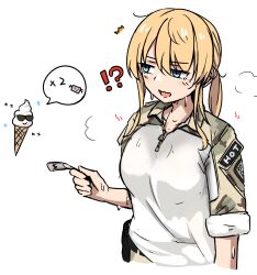 !? 1girl banknote blonde_hair blue_eyes breasts cropped_torso food highres holding holding_money hot ice_cream jacket large_breasts money mosamosaobake original parted_bangs puff_of_air simple_background sleeves_rolled_up sunglasses sweat sweater sweater_tucked_in weapon wet white_background white_jacket zipper