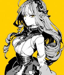 Rule 34 | 1girl, bow, bowtie, breasts, commentary, dated commentary, drill hair, from side, greyscale with colored background, highres, long hair, looking at viewer, medium breasts, mole, mole under eye, otimusyairoha, pointy ears, shrug (clothing), sideboob, solo, upper body, vivian banshee, yellow background, yellow eyes, zenless zone zero
