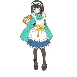 1girl apron black_hair black_pantyhose blue_skirt blunt_bangs blunt_ends bob_cut character_doll colored_inner_hair commentary_request doll flower flower_knot frilled_apron frilled_skirt frills full_body green_hair green_kimono hair_flower hair_ornament hinoshita_kaho holding holding_behind_back japanese_clothes kimono link!_like!_love_live! looking_at_viewer love_live! maid maid_apron maid_headdress momose_ginko multicolored_hair orange_hair pantyhose platform_sandals rabbit_hair_ornament sandals shinanoya_(satanicad) short_hair simple_background skirt solo v-shaped_eyebrows virtual_youtuber wa_maid white_apron white_background white_flower