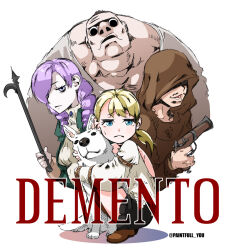 2boys 2girls blonde_hair blouse blue_eyes boots breasts brooch choker closed_mouth copyright_name daniella debilitas demento dog drill_hair fiona_belli frown gun hair_over_one_eye hewie highres holding holding_gun holding_weapon jewelry long_hair looking_at_viewer miniskirt multiple_boys multiple_girls okirakujuraku open_mouth ponytail purple_hair riccardo_lorenzo shirt short_hair skirt smile weapon