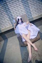1girl bare_legs barefoot black_hair blanket blue_snow blue_snow_(cosplay) cape cellix1 cosplay crossed_legs dutch_angle feet female_focus hair_between_eyes kajou_ayame kajou_ayame_(cosplay) long_hair naked_cape object_on_head outdoors panties panties_on_head photo_(medium) seat shimoneta_to_iu_gainen_ga_sonzai_shinai_taikutsu_na_sekai sitting solo toes underwear white_cape white_panties