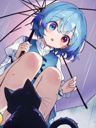1girl :o black_cat blue_eyes blue_hair blue_vest blush boots cat chikuzen1996 cloud cloudy_sky dutch_angle feet_out_of_frame from_below heterochromia highres holding holding_umbrella kneeling open_mouth puffy_sleeves rain red_eyes shirt short_hair sky solo tatara_kogasa touhou umbrella vest water_drop white_shirt yellow_boots