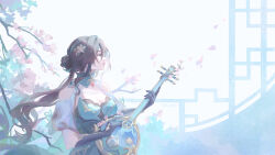 1girl bare_shoulders breasts brown_hair cleavage clothing_cutout falling_petals gloves hair_ornament holding holding_instrument honkai:_star_rail honkai_(series) instrument jewelry long_hair looking_afar petals ruan ruan_mei_(honkai:_star_rail) shi_(shi_zumii) shoulder_cutout