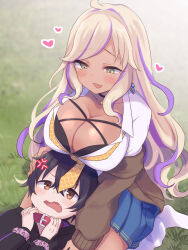 1boy 1girl age_difference ahoge anger_vein belt belt_collar black_bra black_hair black_hoodie blonde_hair blue_skirt blurry blurry_background bra breasts brown_cardigan brown_eyes cardigan cleavage collar collarbone curly_hair dark_skin earrings fang grass gucchiann hair_between_eyes hand_on_another&#039;s_head heart highres holding hood hoodie huge_breasts jewelry kariza_(princess_connect!) kariza_(real)_(princess_connect!) lap_pillow long_hair long_sleeves looking_at_another loose_socks multicolored_hair nea_(princess_connect!) nea_(real)_(princess_connect!) necktie on_grass onee-shota open_mouth outdoors plaid_clothes plaid_skirt princess_connect! purple_hair seiza shirt shota sitting skirt socks thighs two-tone_hair underwear wavy_mouth white_shirt white_socks yellow_eyes yellow_necktie