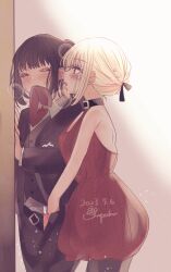2girls arupaka5tuki bare_arms black_hair black_jacket black_pants black_pantyhose black_vest blonde_hair blush closed_eyes collared_shirt commentary_request dated dress fingering hair_up highres inoue_takina jacket lycoris_recoil multiple_girls necktie nishikigi_chisato open_mouth pants pantyhose reach-around red_dress red_eyes red_necktie shirt signature sweat vest white_shirt yuri