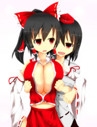 2girls angry black_hair bow breasts breasts_squeezed_together buttons cleavage cowboy_shot detached_sleeves facominn gradient_background hair_bow hair_tubes hakurei_reimu hat highres huge_breasts large_breasts multiple_girls open_mouth ponytail red_eyes ribbon shameimaru_aya smile tokin_hat touhou