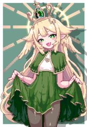 blonde_hair blue_heater_2 cross cross_necklace curtsey dress gold_tiara green_background green_dress green_eyes green_skirt halo head_wings headpiece highres jewelry necklace non-web_source onatsurat pixel_art roblox sceptre_of_eternity skirt tiara wings yellow_halo