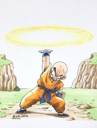 1boy angry bald bald_male dragon_ball highres kienzan kuririn looking_at_viewer muscular muscular_male nervous_sweating serious solo sweat toriyama_akira_(style)
