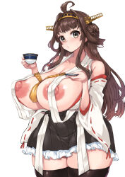 Rule 34 | 1girl, ahoge, black skirt, black thighhighs, blush, breasts, brown hair, covered erect nipples, cup, curvy, datto 3, frilled skirt, frills, grey eyes, hair bun, hair ornament, hairband, huge breasts, huge nipples, japanese clothes, kantai collection, kongou (kancolle), lactation, large areolae, long hair, nipples, nontraditional miko, open clothes, open shirt, saucer, side bun, skirt, solo, standing, teacup, thick thighs, thighhighs, thighs, white background, wide hips, zettai ryouiki