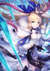 1girl ahoge armor armored_dress artoria_caster_(fate) artoria_caster_(third_ascension)_(fate) artoria_pendragon_(fate) black_gloves blonde_hair blue_bow bow breastplate breasts capelet crown dress facial_mark fate/grand_order fate_(series) forehead_mark fur-trimmed_capelet fur_trim gloves green_eyes hair_bow highres long_hair long_sleeves looking_at_viewer nakamura_eight ornament ribbon small_breasts solo very_long_hair white_dress