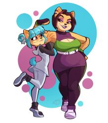 2girls absurdres alaynakgray animal_ears belt black_gloves black_pantyhose black_shirt brown_hair crash_bandicoot_(series) fingerless_gloves flexing furry furry_female glasses gloves green_shirt highres hood hoodie liz_bandicoot looking_at_another megumi_(crash_bandicoot) multiple_girls pants pantyhose plump purple_shirt purple_skirt red_eyes round_eyewear shirt shoes short_hair skirt sleeveless sleeveless_hoodie sleeveless_shirt sneakers tail two-tone_shirt updo white_belt white_hoodie white_pants