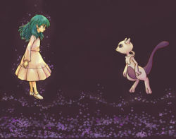 1girl ambertwo_(pokemon) dark_background dress eye_contact floating from_side gen_1_pokemon green_eyes green_hair legendary_pokemon long_hair long_sleeves looking_at_another mewtwo nintendo norisa pokemon pokemon:_the_first_movie_-_mewtwo_strikes_back pokemon_(anime) pokemon_(classic_anime) pokemon_(creature) purple_background slippers smile white_dress white_footwear