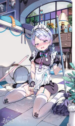 1girl apron breasts collar egg_vibrator fingerless_gloves gloves gradient_hair highres liclac loli maid maid_apron maid_headdress mop multicolored_hair original panties pink_hair purple_eyes purple_hair sex_toy short_hair sitting small_breasts thighhighs underwear vibrator wariza