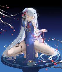 1girl absurdres barefoot blue_dress blush breasts china_dress chinese_clothes cup dress falling_petals fate/grand_order fate_(series) hair_down highres long_hair looking_at_viewer melusine_(fate) petals rishiyo_(mcfa5282) small_breasts solo spread_legs squatting table tea teacup white_hair yellow_eyes