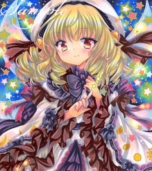 1girl black_bow blonde_hair blue_background blush bow closed_mouth commentary_request dress drill_hair embellished_costume fairy_wings frilled_sleeves frills hat long_hair long_sleeves looking_at_viewer luna_child marker_(medium) rui_(sugar3) sample_watermark smile solo star_(symbol) touhou traditional_media upper_body watermark white_dress white_hat wide_sleeves wings yellow_eyes