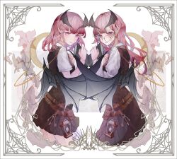 2girls adapted_costume belt belt_buckle belt_pouch black_wings book border breasts brown_belt buckle cowboy_shot demon_wings dress dual_persona fasuka from_side glasses head_wings highres holding holding_book juliet_sleeves key koakuma long_hair long_sleeves looking_at_viewer medium_hair multiple_belts multiple_girls ornate_border parted_lips pinafore_dress pink_eyes pink_hair pointy_ears pouch puffy_sleeves round_eyewear shirt short_sleeves sleeveless sleeveless_dress symmetry touhou white_shirt wings