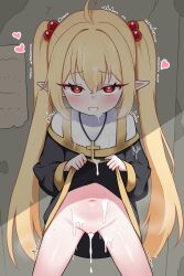 1girl absurdres blonde_hair censored clothes_lift commentary_request cum dress dress_lift hair_bobbles hair_ornament heart highres korean_commentary lifting_own_clothes loli long_hair navel original pointy_ears red_eyes solo twintails zing_(z_z_zing)