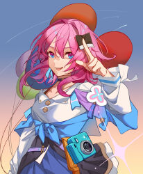 1girl absurdres balloon black_choker blue_skirt breasts camera choker commentary_request gradient_sky highres holding holding_paper honkai:_star_rail honkai_(series) looking_at_viewer march_7th_(honkai:_star_rail) march_7th_(preservation)_(honkai:_star_rail) medium_hair multicolored_eyes paper pink_hair shirt skirt sky solo two-tone_eyes white_shirt yume-dream