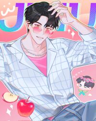 1boy adam&#039;s_apple apple black_hair brown_eyes chain chain_necklace chibi collarbone denim earrings english_text food fruit glasses highres jeans jewelry jinu_(kpop_demon_hunters) kpop_demon_hunters looking_at_viewer looking_over_eyewear luxu804 male_focus necklace open_mouth pants parted_bangs pink_shirt shirt short_hair solo teeth tinted_eyewear upper_body white_shirt yellow-framed_eyewear