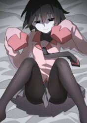 1girl absurdres ass bed_sheet between_legs black_eyes black_hair black_necktie black_pantyhose black_undershirt bob_cut breasts closed_mouth collared_shirt commentary covered_collarbone dress_shirt empty_eyes feet_out_of_frame film_grain from_above grey_skirt hair_between_eyes highres juliet_sleeves knees_up long_sleeves lying m_legs manimani_(mani_ma) messy_hair monogatari_(series) naoetsu_high_school_uniform necktie no_shoes on_back on_bed oshino_ougi pale_skin pantyhose paw_pose pink_shirt pleated_skirt puffy_sleeves school_uniform shaded_face shirt short_hair skirt sleeves_past_fingers sleeves_past_wrists small_breasts smile solo spread_legs symbol-only_commentary turtleneck upskirt very_long_sleeves