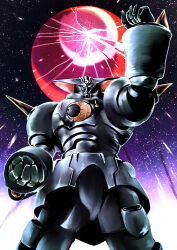 absurdres arm_up clenched_hand crescent facing_viewer highres mikazuki_zero moon outdoors red_moon shoulder_spikes sky spikes standing star_(sky) starry_sky tekkouki_mikazuki tihiro tokusatsu yellow_eyes