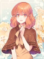 1girl brown_capelet capelet clenched_hand commentary_request fire_emblem fire_emblem:_genealogy_of_the_holy_war floral_background flower inset_border lana_(fire_emblem) lily_(flower) looking_at_viewer medium_hair nintendo open_mouth orange_eyes orange_hair short_hair signature smile solo upper_body watermark white_lily yukinonanami